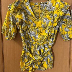 Walter Baker Women’s Floral Ruffle Tie Waist Top Blouse Yellow White Size Small
